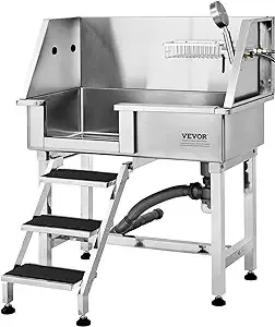 VEVOR 34" Pet Dog Bathing Station w/Ramp, Professional Stainless Steel Dog Grooming Tub w/Storage Drawer, Faucet,Rich Accessory, Dog Bathtub for Large,Medium,Small Pets, Washing Sink for Home(Right)