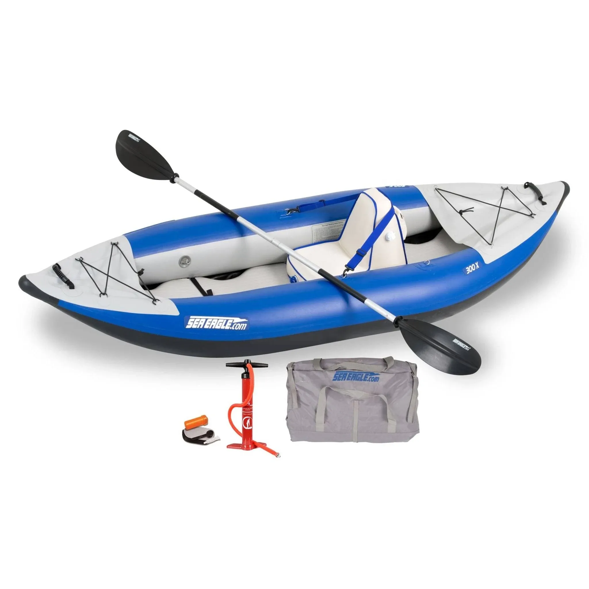 Sea Eagle 300X Explorer Touring, Camping, Fishing Whitewater Inflatable Kayak, Solo, Self-Bailing, Drop Stitch Floor-Paddle, Seat, Pump, Skeg, Bag