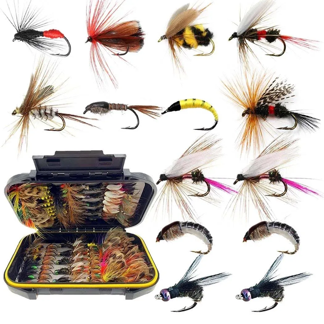 Fly Fishing Flies Kit, 50/114Pcs Handmade Fly Fishing Gear with Dry/Wet Flies, Streamers, Fly Assortment Trout Bass Fishing with Fly Box (50Pcs/Set-6 Mixed Styles)