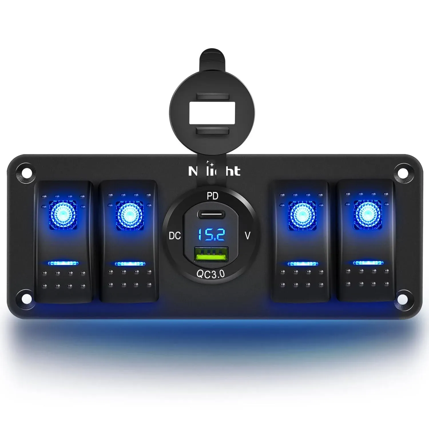 Nilight 4 Gang Rocker Switch Panel with USB Charger Voltmeter Waterproof 12V DC Rocker Switch with PD Type C and QC 3.0 USB Charger and Night Glow