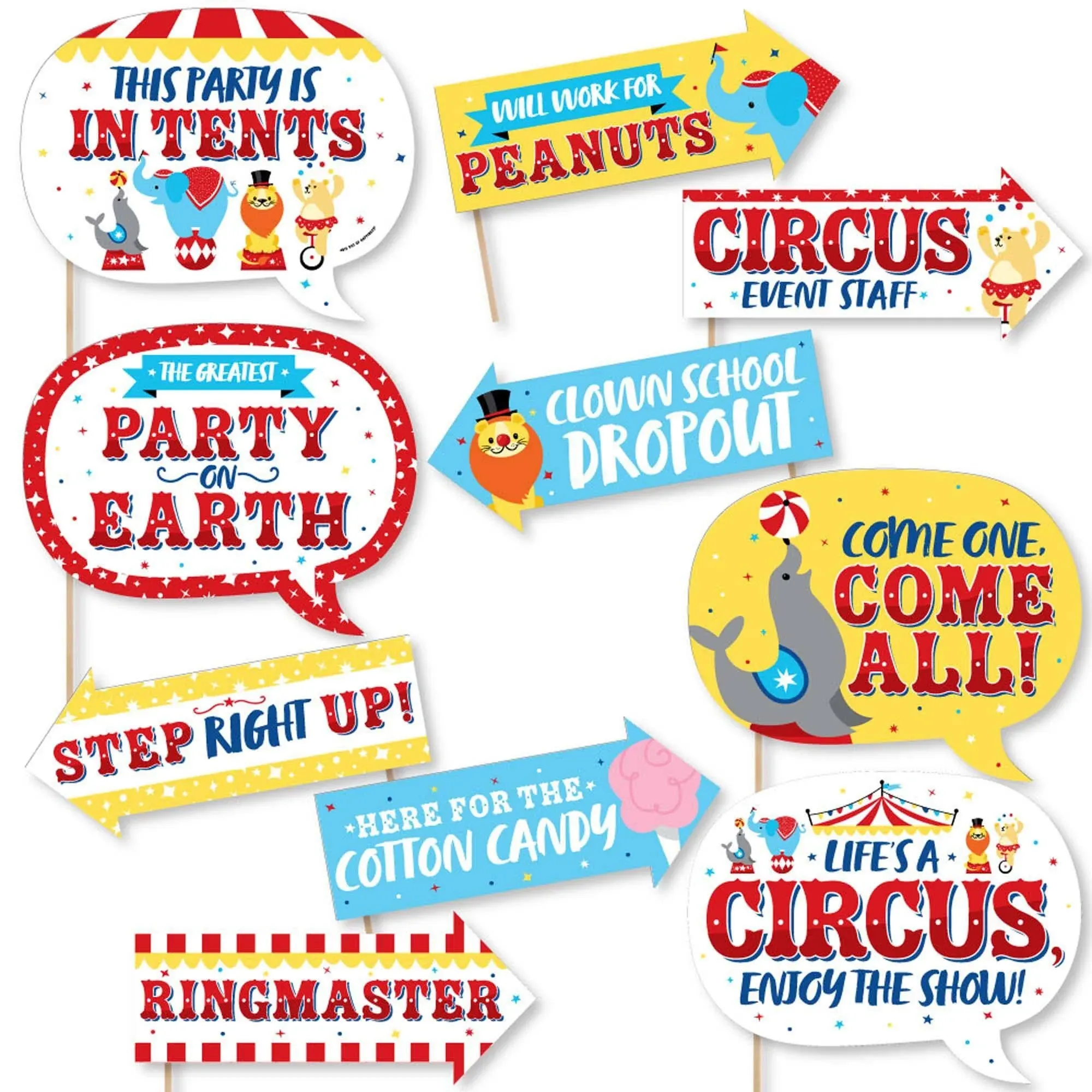 Funny Carnival - Cirque du Soiree - Baby Shower or Birthday Party Photo Booth Props Kit - 10 Piece