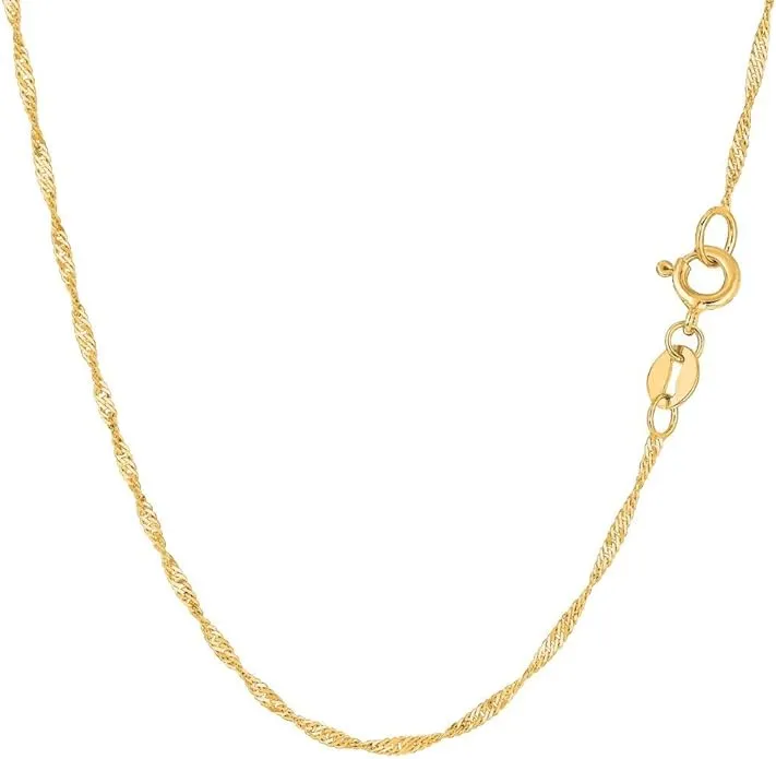 14K Yellow or White Gold 1.5mm Shiny Diamond-Cut Classic Singapore Chain Necklace for Pendants and Charms with Spring-Ring Clasp (10" 16" 18" 20" or 24" inch)