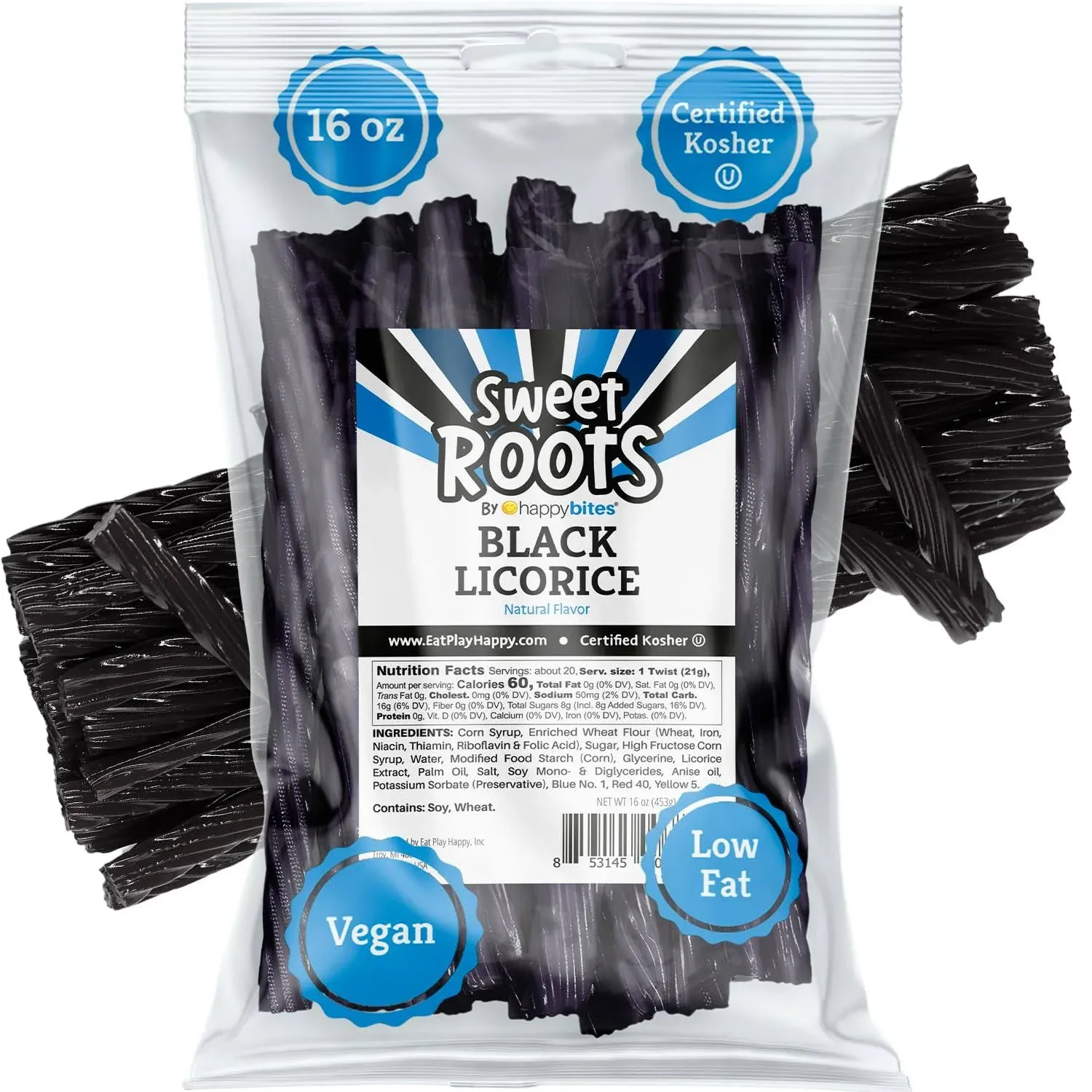 Sweet Roots Black Licorice Twists (16 oz / 1 Bag) - JUMBO Size - Certified Kosher - Vegan - Fat Free