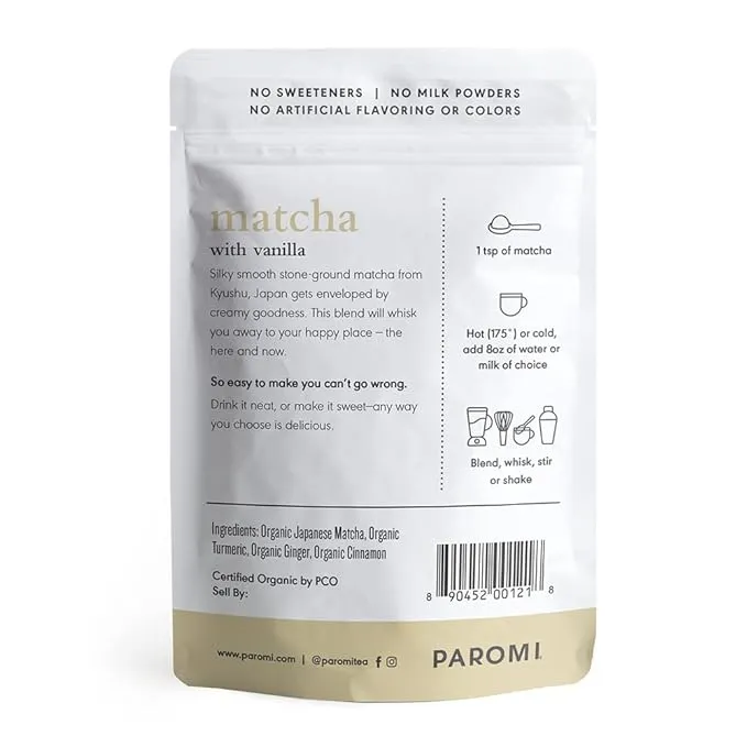 Paromi Tea Matcha With Vanilla 35 Grams, Organic Stone-Ground Organic Green Tea with Natural Vanilla Flavor, Serve Hot or Iced, Blend, Whisk, Stir, or Shake into Water or Milk