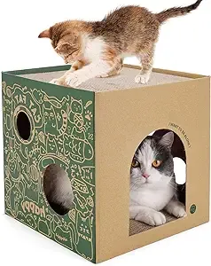 Cardboard Cat House with 2 Story Scratch Pads Cat Play House for Indoor Cats Corrugated Scratcher Box Cat Scratching Toy for Cat Birthday, Hideout for Bunny Small Animals.