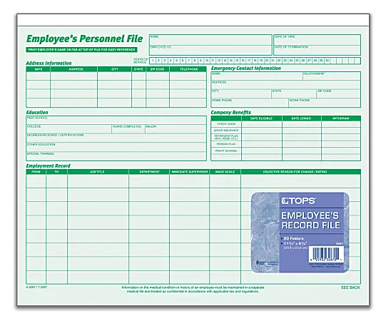 Tops 3287 Employee Record File Folders, Straight Cut, Letter, Green, 20/Pack