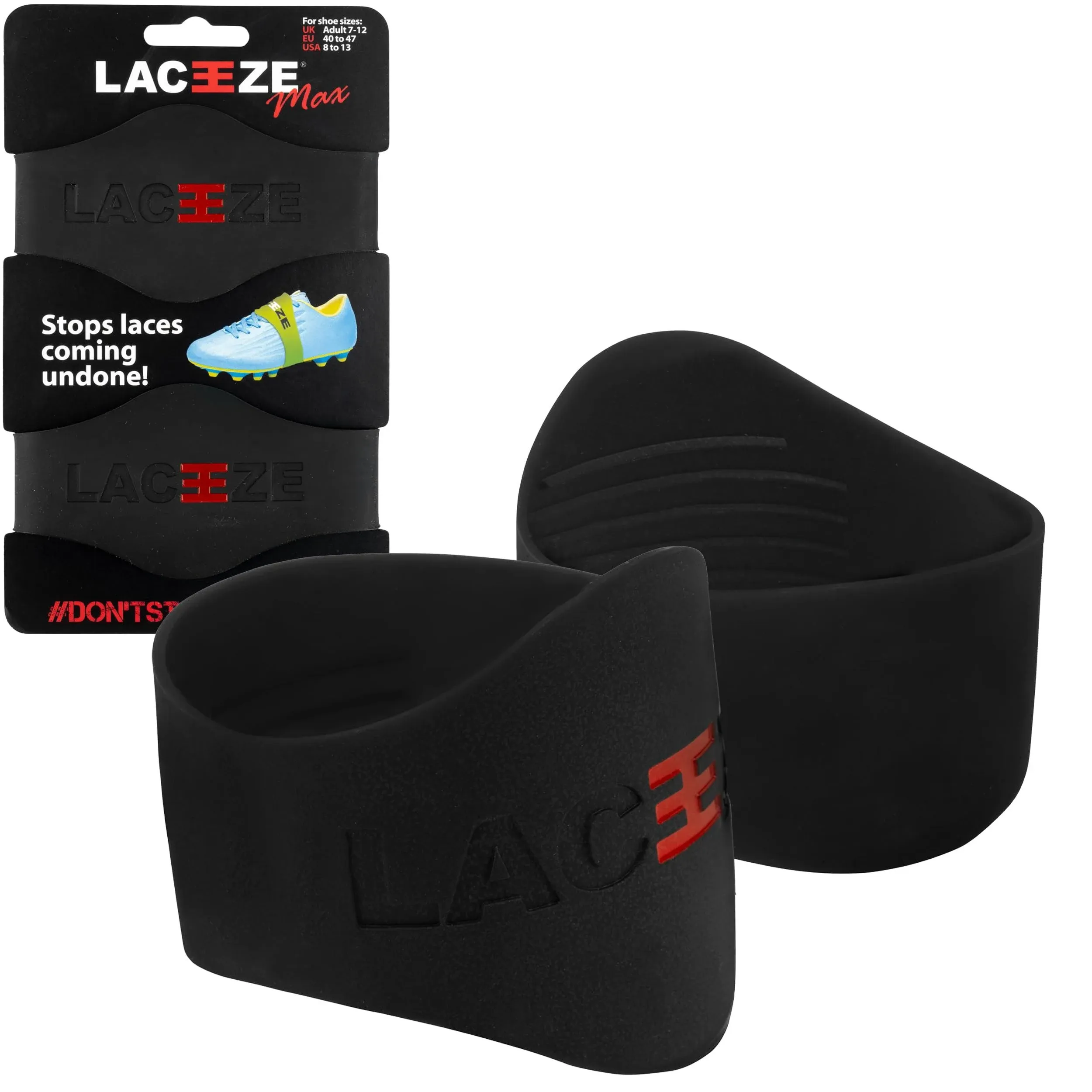 Laceeze Band Max Size Black Fits Shoe Size UK 7+ Keeps Laces Tied During Sport, Football, Rugby, Hockey