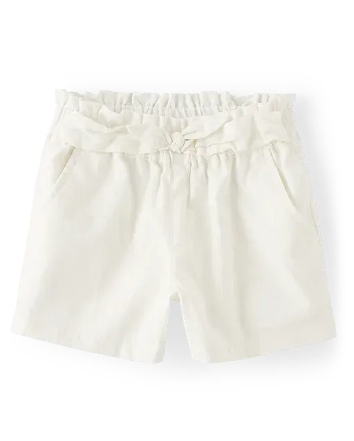 Girls Linen-Blend Tie Front Shorts - White