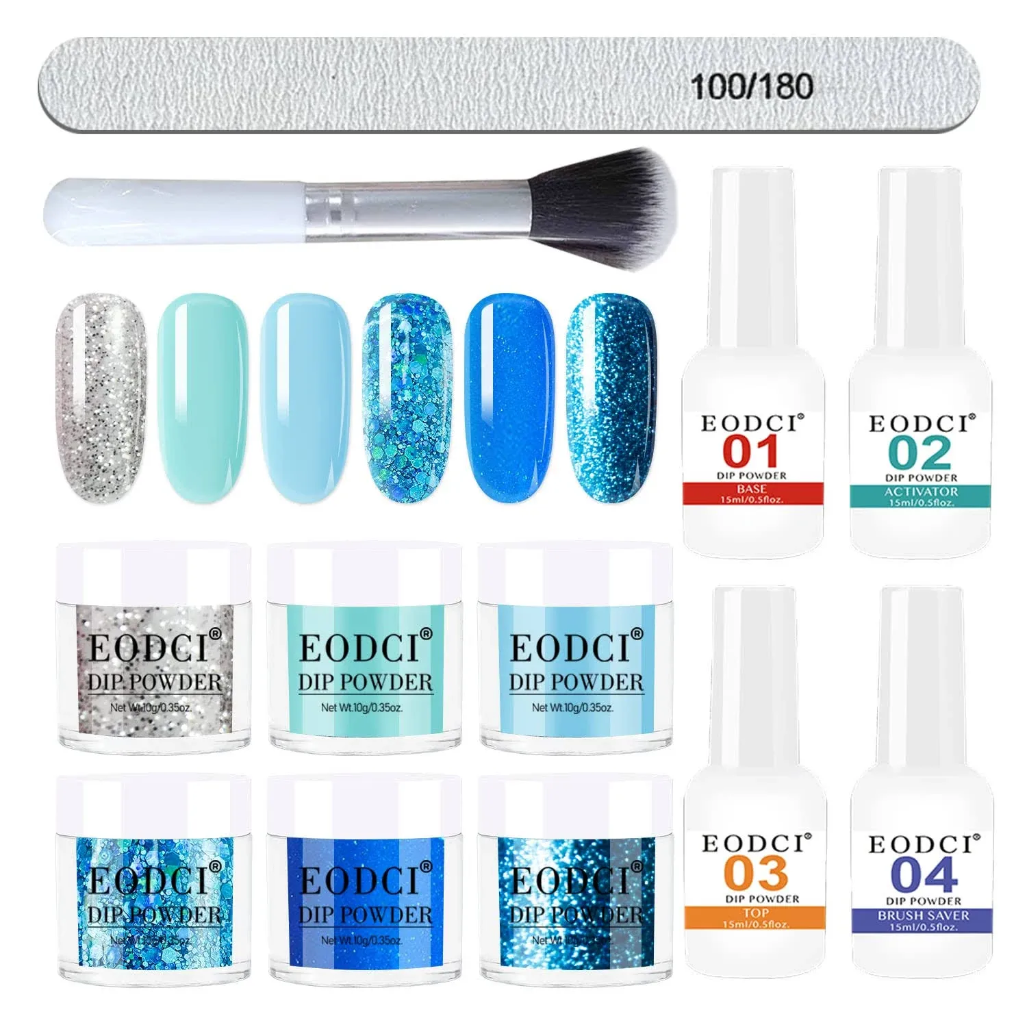 eodci 12 Pcs Dip Powder Nail Kit Starter 6 Colors Glitter Blue White Snow Dipping Powder Kit with Base & Top Coat/Activator/Brush Saver Nail Art Ma