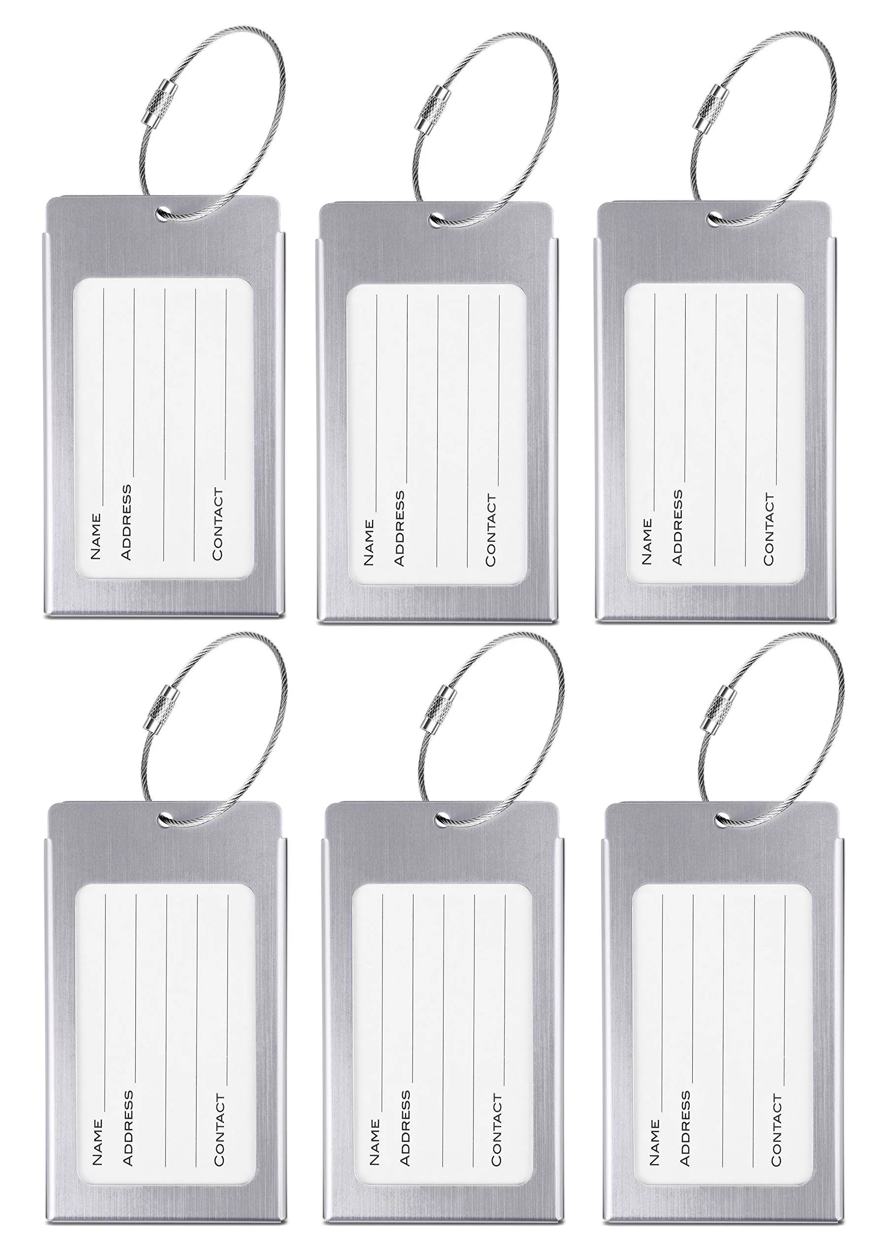 Metal Luggage Tags - Silver 6-Pack - Travel Bag ID Identifier - Waterproof