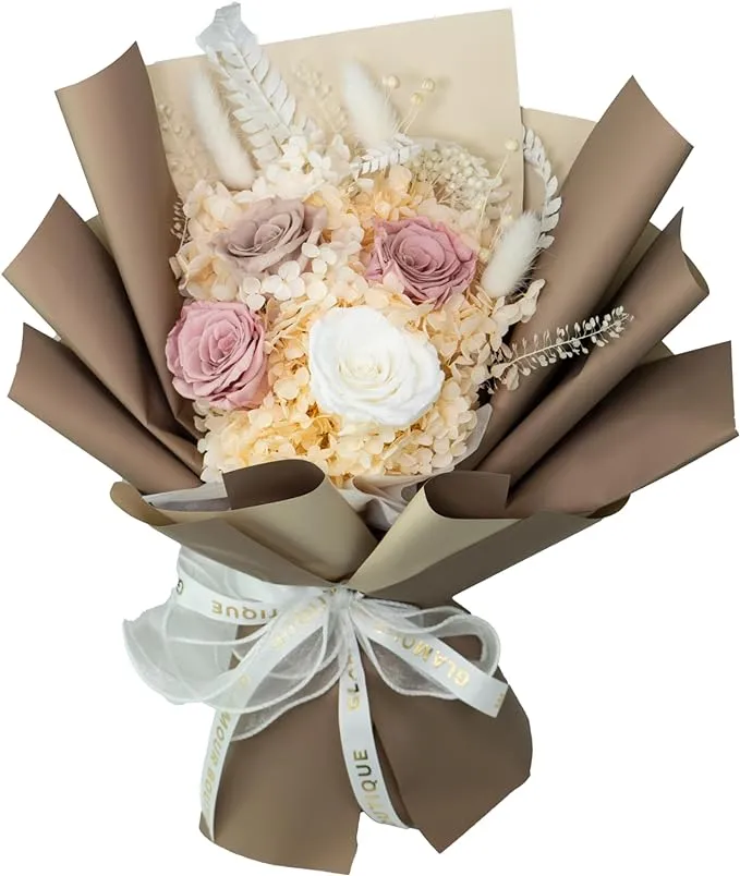 GLAMOUR BOUTIQUE Preserved Flowers Bouquet - Forever Flowers Roses in a Box with Hydrangeas & More, Gift Ready for Anniversary, Birthday, Valentine's Day, Mother's Day, Long-Lasting 1-3 Years - White