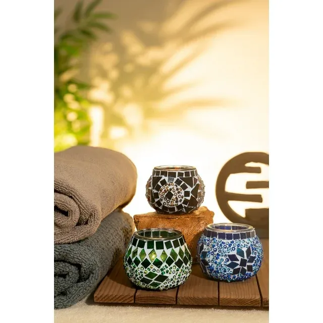 Kafthan 2.4 in. Handmade Ecru and Blue and Green Mosaic Glass Tealight Candle Holder (Set of 3)