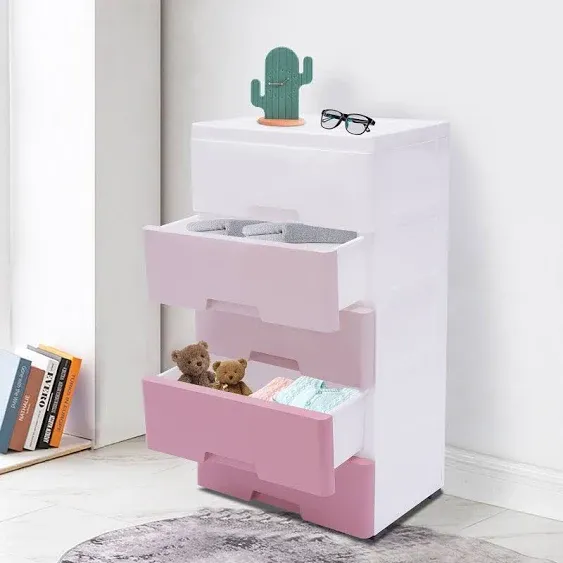 5 Drawers Storage Cabinet Plastic Modern Gradient Pink Organizer - 17.7*11.8*33in ...