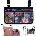 Wheelchair Bag, Walker Bag, Walker and Wheelchair Accessories for adults, Water Resistant Storage Pouches for rollator, Electric Wheel Chair (armrest, Back Handle), Seniors, Gift for Woman, Floral