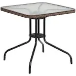 Flash Furniture Barker 28'' Square Tempered Glass Metal Table with Dark Brown Rattan Edging