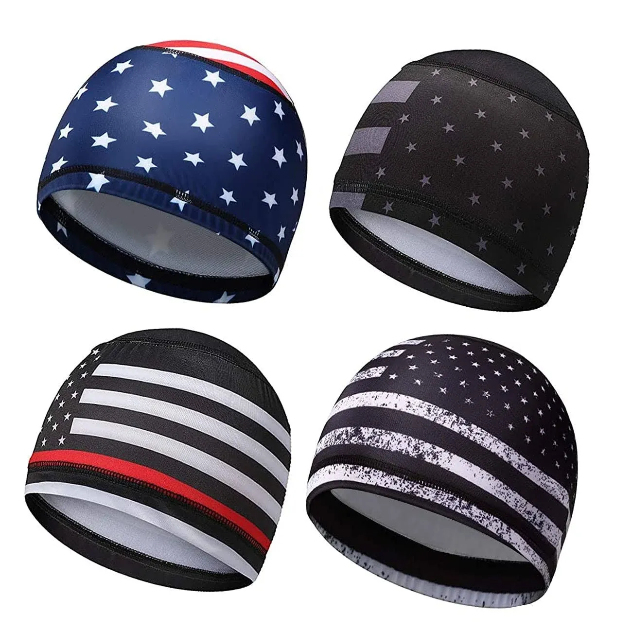 WHAMZ33 W 4 Pack Dew Rags Sweat Wicking Doo, Cycling Motorcycle Quick Drying Beanie Caps (USA Doo Rag)