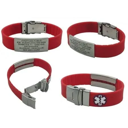 Silicone Sport Medical Alert ID Bracelet - Custom Engraved! Choose Your Color!, Red