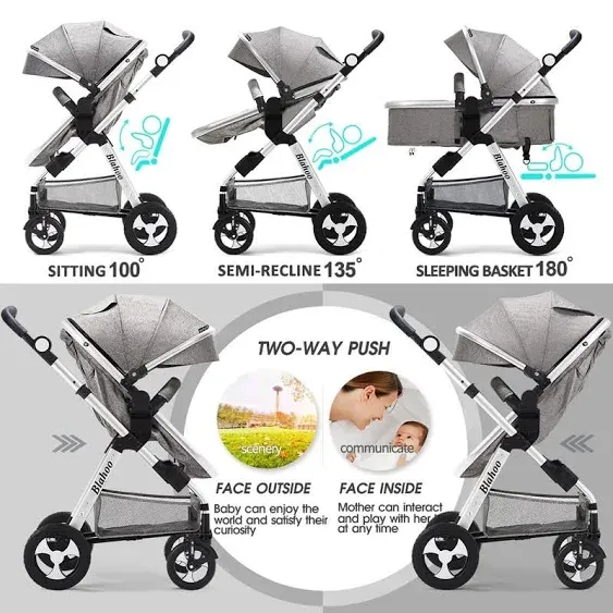 Blahoo Baby Stroller for Newborn, 2 in1 High Landscape Stroller, Foldable Aluminum Alloy Pushchair with Adjustable Backrest.Adjustable Awning, Variable Seat and Recliner（Coffee