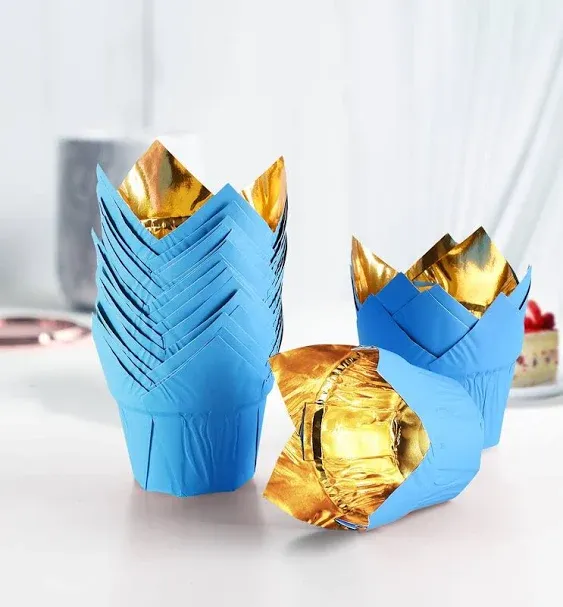 Party Hippo Gold Tulip Cupcake Liners 100 Pcs Baking Paper Cups Holders Greaseproof Muffin Cases Wrappers for Wedding Birthday Party Baby Shower (Blue)