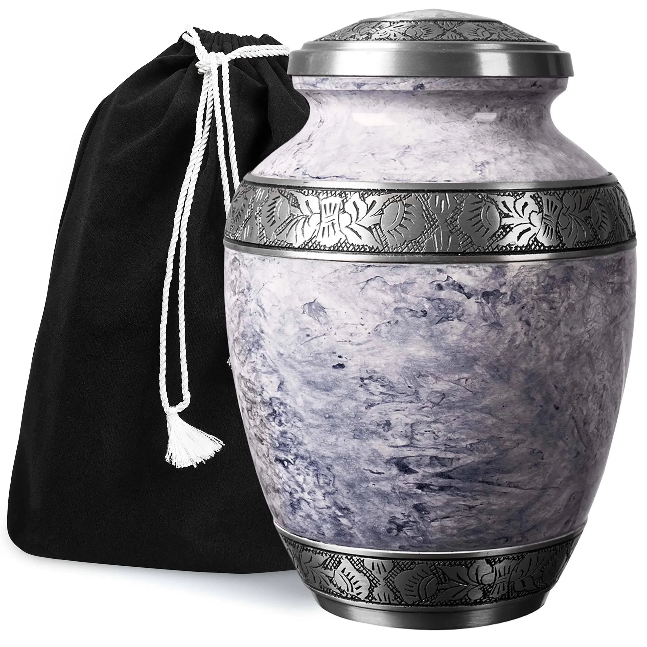 GSM Brands Cremation Urn for Adult Human Ashes - Large Handcrafted Funeral Memorial with Elegant Silver Design (Aluminum - 12 Inch Height x 7 Inch Width)