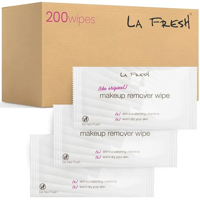 LA Fresh Makeup Remover Wipes with Vitamin E - Make up Remover Wipes for Face, Eyes, Lips - Face Wipes Travel Essentials - Case of 200ct Makeup Wipes