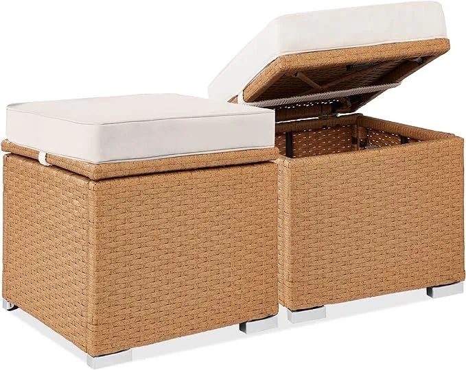 Best Choice Products Set of 2 Wicker Ottomans, Multipurpose Furniture w/ Removable Cushions, Steel Frame - Natural/Ivory