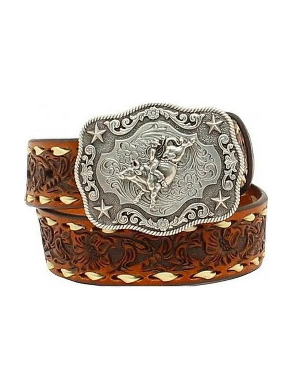 Nocona Boots Boys' 1-1/4" Bull Rider Floral Embossed Leather Western Belt Buckle