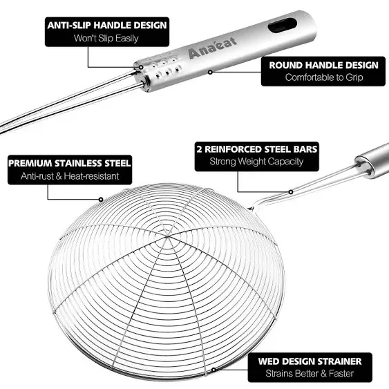 Anaeat 6.1" Stainless Steel Spider Strainer Skimmer, Professional Kitchen Pasta Strainer Spoon with Long Handle - Asian Strainer Ladle Wire Skimmer Spoons for Cooking and Frying