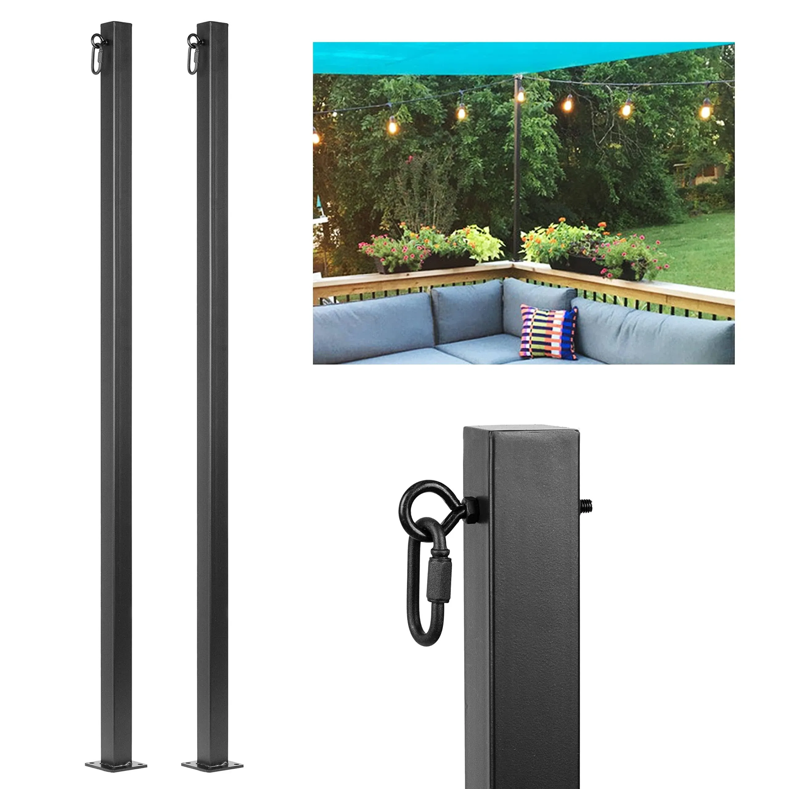 String Light Poles 2 Pack - Outdoor Metal Posts with Hooks for Hanging String...