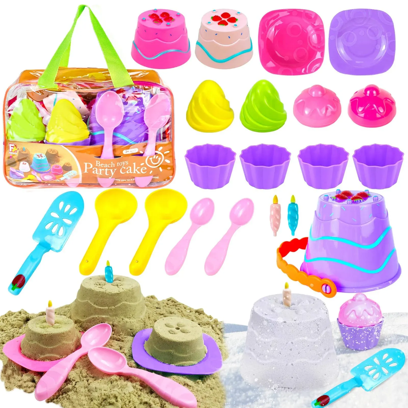 Beach Toys |Kids Play Sand Beach Bucket Pail and Spade Toys for Kids 21Pack Cake