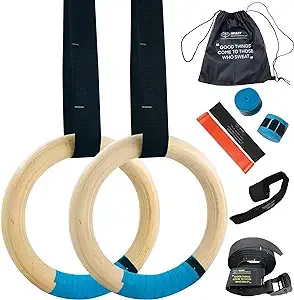 Hmart Wooden Gymnastic Rings 1600Ibs Capacity with Loop Bands – 15ft Woven ...