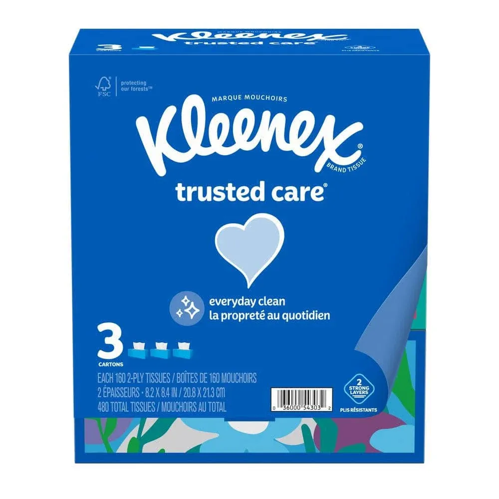 Kleenex Trusted Care Facial Tissues, 8 Flat Boxes, 200 Tissues per Box, 2-Ply, Packaging May Vary