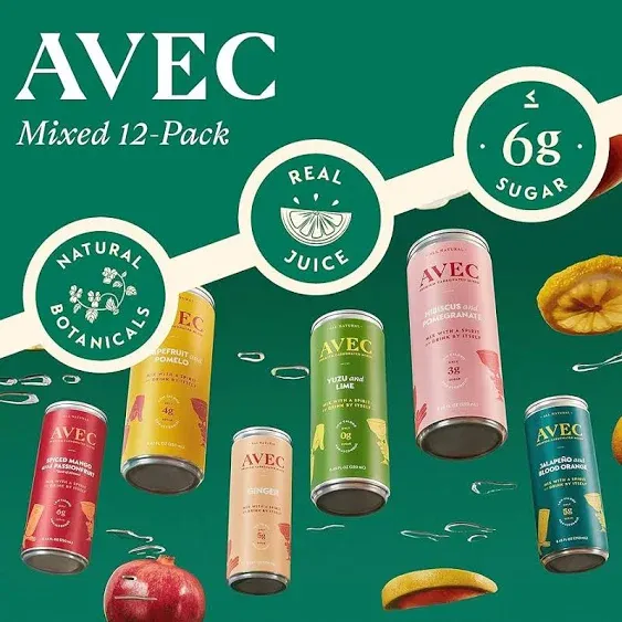 AVEC Soda & Mixer Variety Pack - 12 Pack, 8.45 Oz | 2 x 6 Flavors, Sparkling Water Seltzer Cans | Spiced & Fruity Botanical Fresh Juice Cocktail Mixers | No Alcohol, Artificial Sugar & Preservatives