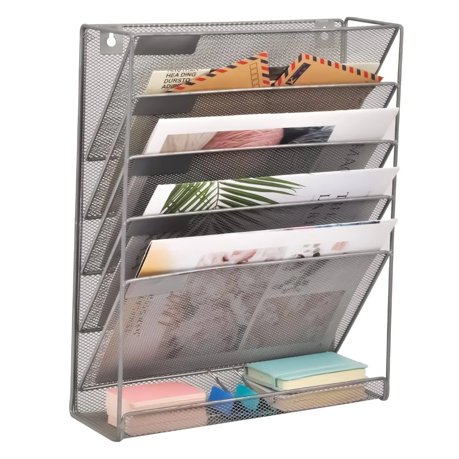 Wall File Organizer Holder Mesh Hanging Paper Document Holder, Vertical 6 Pocket Tier for Office Home, Silver