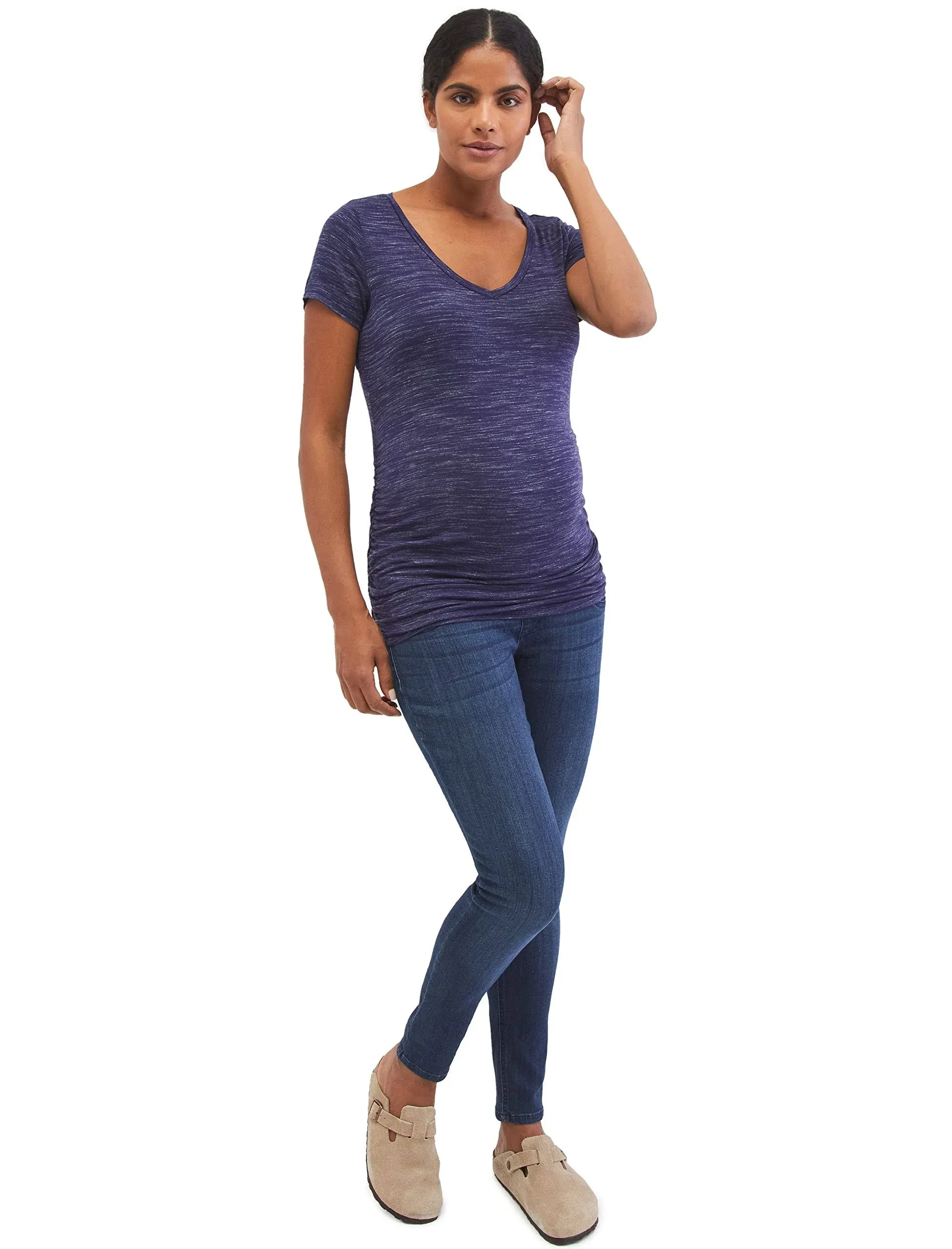 Motherhood Maternity Women&#039;s Short Sleeve Side Ruched V-Neck Tee Shirt, Space