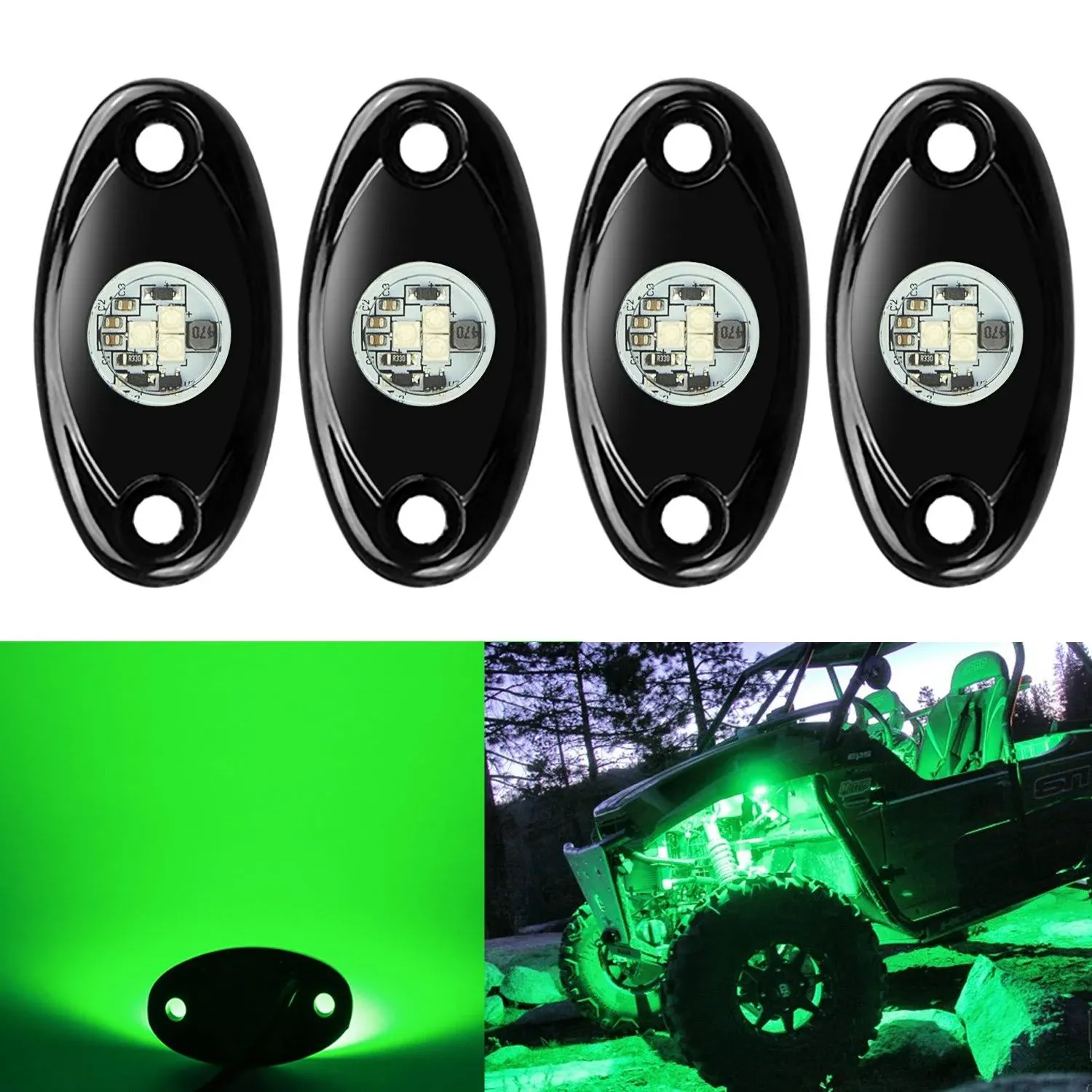 4 Pods LED Rock Lights, Ampper Waterproof LED Neon Underglow Light for Car Truck ATV UTV SUV Offroad Boat Underbody Glow Trail Rig Lamp (Green)