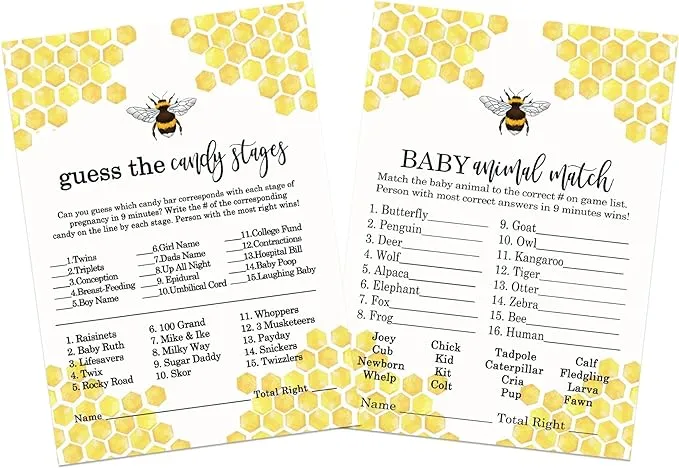 Mama Bee Baby Shower Game w/ Animal Matching and Candy Stages, Bumblebee Gender Reveal Ideas, Double Sided Cards, 25 Pack, Size: 5 x 7