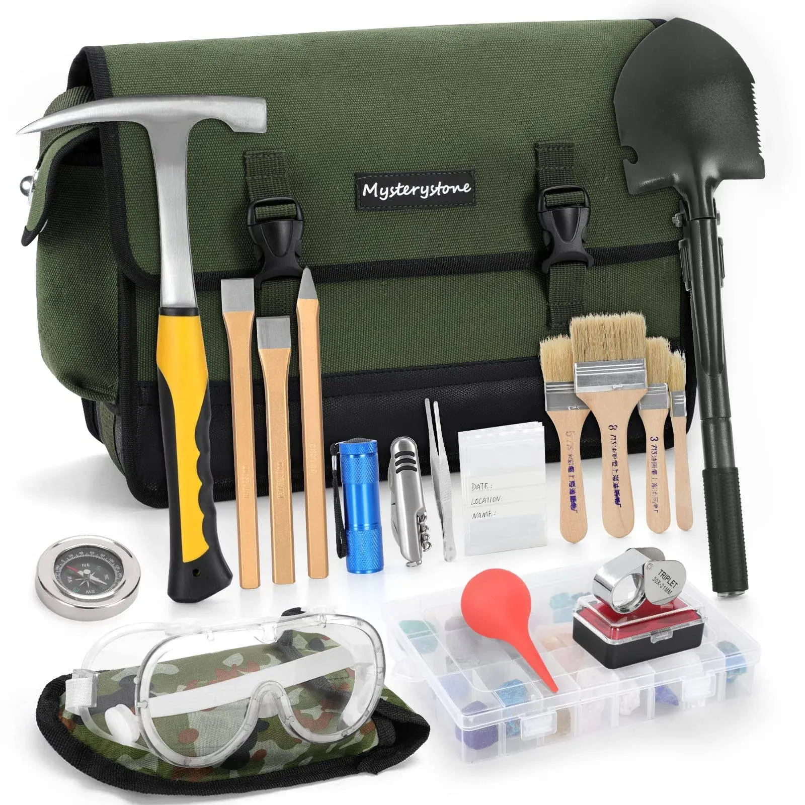 MYSTERYSTONE 23 Pieces Rock Hammer Kit for Rock Hounding, Complete Great Bundle including Steel Rock Pick Hammer,3-Pieces Heavy Duty Chisel Set,Updated Mussette Bag and Many More