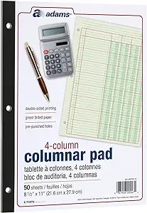 Adams Columnar Analysis Pad, 4 Column Ledger, 8.5" x 11", 100 Pages (50 Sheets), Green, 3 Hole Punch, for Accounting, Bookkeeping & Data (ACP85114)