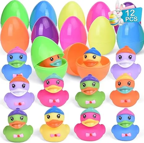 12 PCS Prefilled Easter Eggs with Rubber Duck Toys for Kids Easter Theme Party Favors, Bright Colorful Easter Eggs Filled with Assorted Colors Duck Toys for Fun Bath Toys, Easter Basket Stuffers