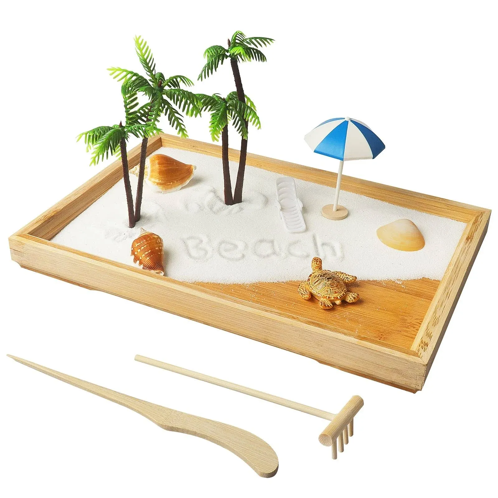 Japanese Zen Garden for Desk White Beach 12 x 8 Desktop Mini Zen Garden with White Sand Artificial Bonsai Tree Rocks Rakes