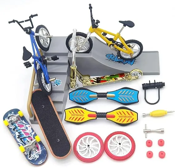 Scooter Mini Finger Toys Set, Finger Bike Park Ramp Toys Finger Bike Skate Park Kit with Replacement Wheels and Tool(Gray)