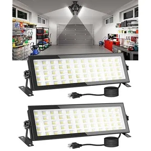 2 Pack 120W LED Shop Lights, 1000W Equiv 16000lm Super Bright LED Garage Light, IP66 Waterproof Outdoor Flood Light with Plug, 5000K Daylight White LED High Bay Light for Workshop Yard Garage Factory