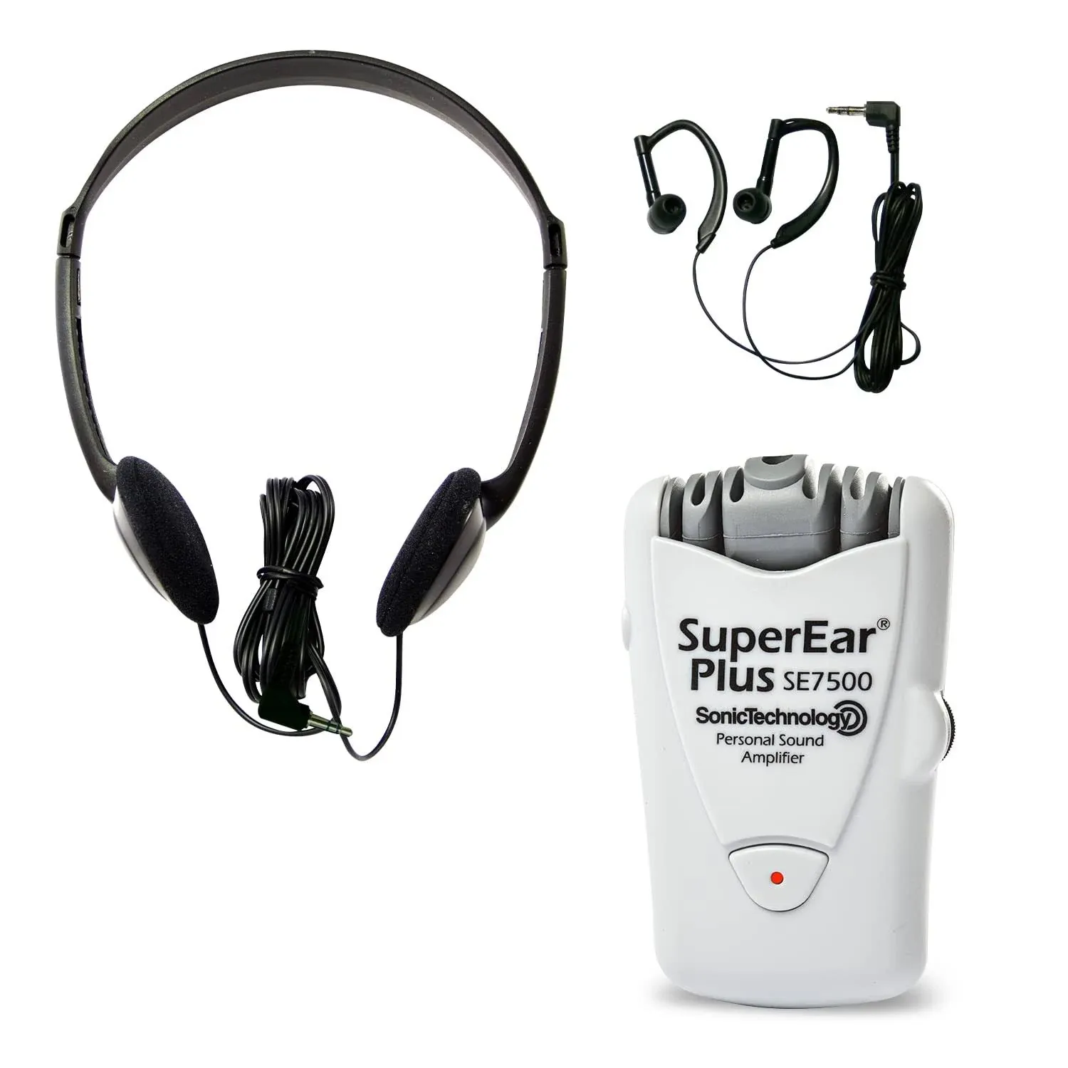 SuperEar Plus SE7500 Personal Sound Amplifier (PSAP), Pocket Sound Amplifier, Headphones & Discreet Earbuds w/Auto Shut Off & Case, On/Off Volume