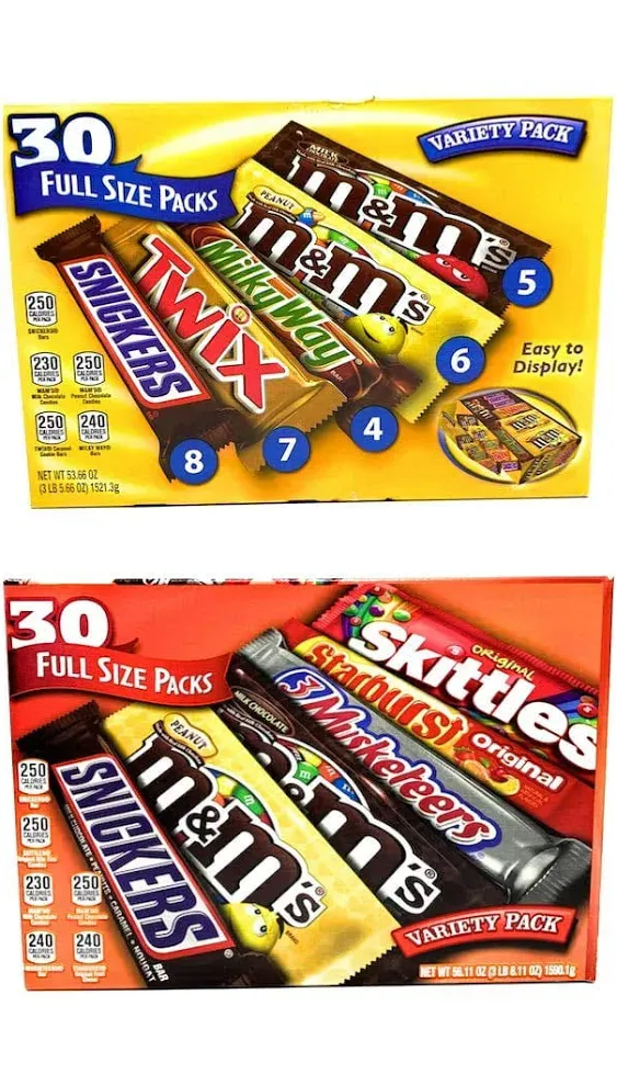 Mars Full Size Candy Variety Pack of 2 Boxes - 60 Full Sized Candy Total - 30 per Box - Snickers, M&Ms, Peanut M&Ms, 3 Musketeers, Twx, Milky Way,