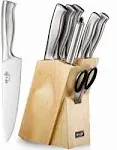 Knife Set, 8 Piece German Stainless Steel Hollow Handle Manual Knife Sharpener Forged Kitchen Knives Set with Oak Wooden Block Gift