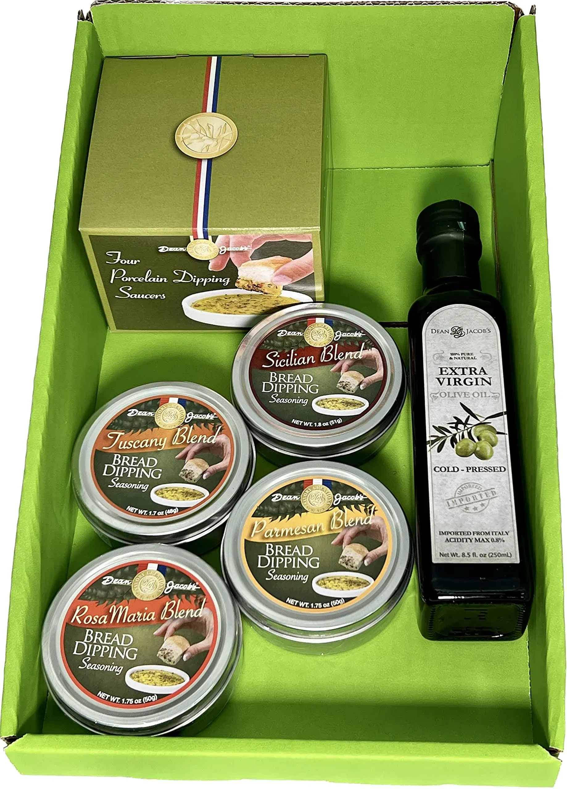 Dean Jacob's 9 pc. Collection with 4 Bread Dipping Tins, Saucers & Cold Pressed Olive Oil