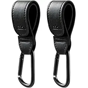 Baby Stroller Hooks Bag Hooks for Hanging Diaper Bags Multipurpose Hooks for Grocery Shopping Bags Premium Vegan Leather Pram Straps 2 Pcs (Black)