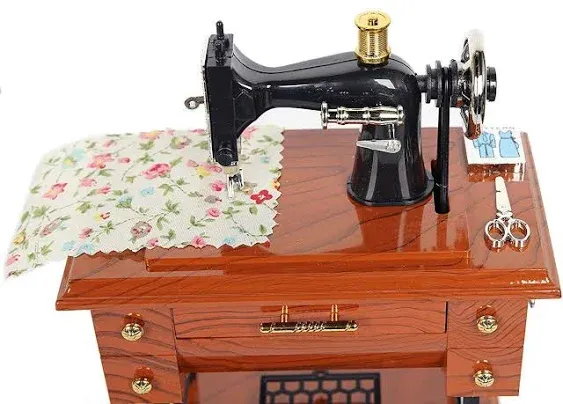 Artyea Vintage Mini Sewing Machine Style Plastic Music Box Table Desk Decoration Toy Gift for Kid Children, brown