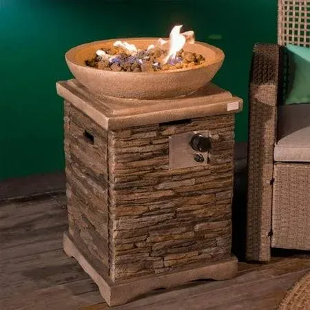 COSIEST Outdoor Propane Fire Pit Table w Faux Brown Compact Ledge Stone 20-inch Square Base and Faux Rose-Marble Round Bowl, 40,000 BTU, Free Lava Rocks, Fits 20lb Tank Inside, Raincover